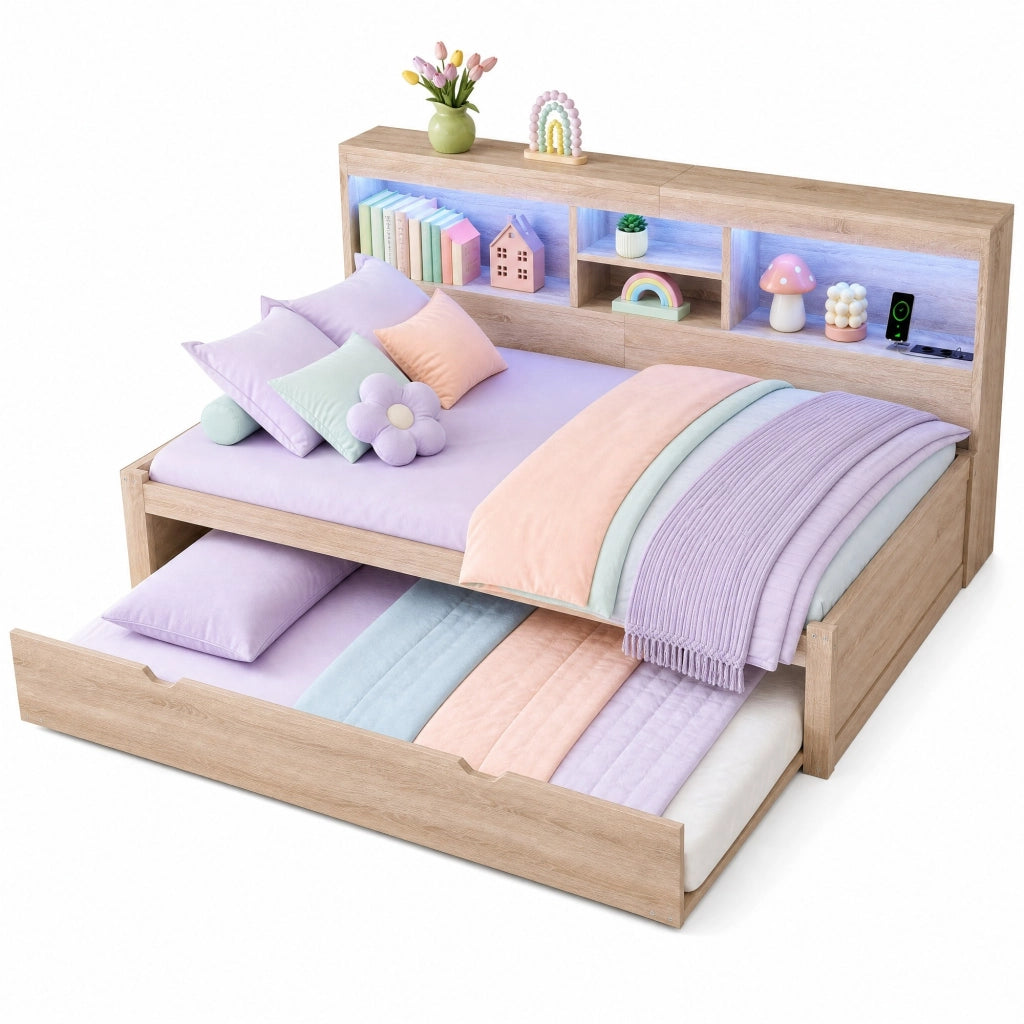 Letto daybed 90x200 cm con letto estraibile; LED; prese e USB; naturale