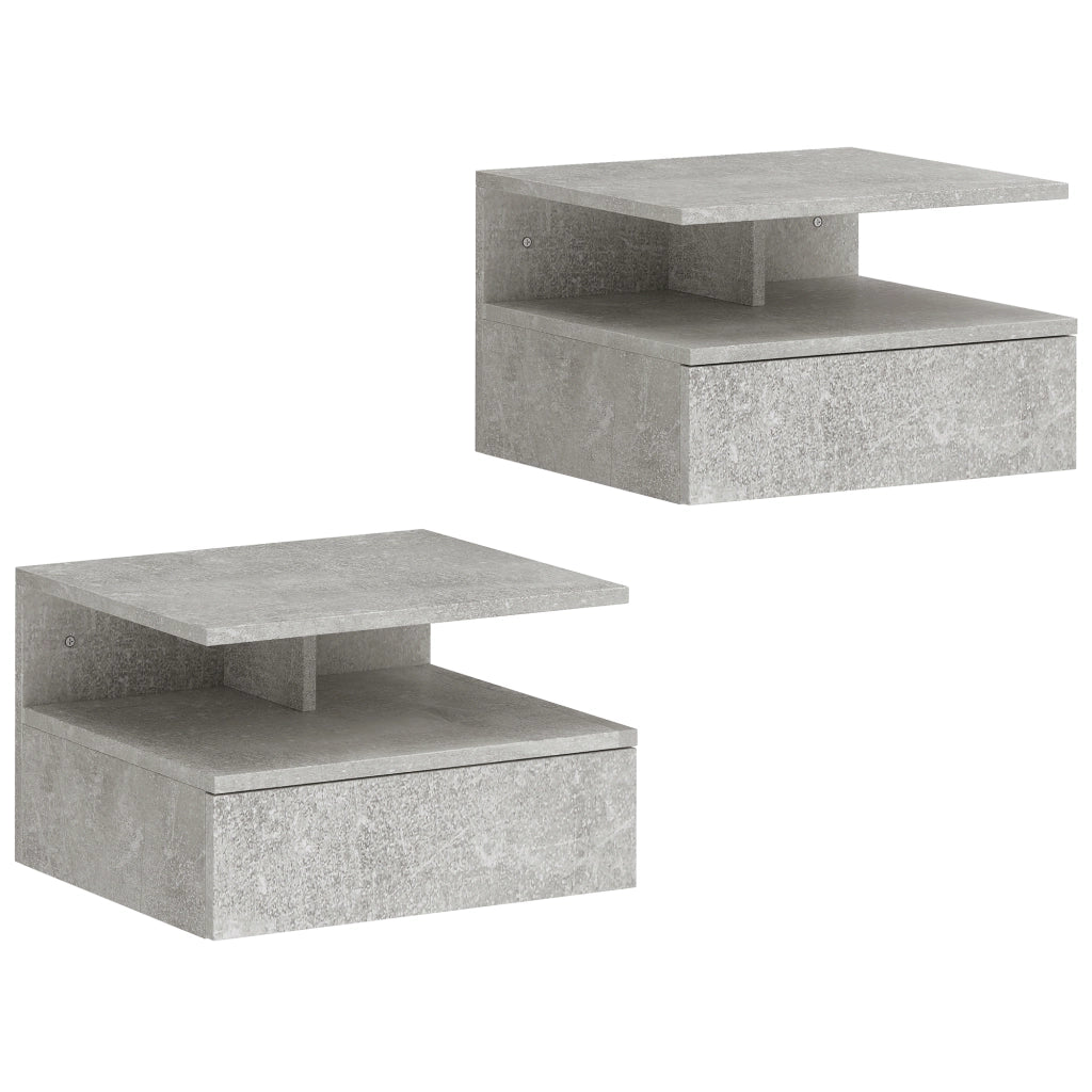 Set di 2 Comodini Sospesi 35x32x22,5 cm con Cassetto e Mensola Aperta Rivestimento in Melamina Grigio Cemento