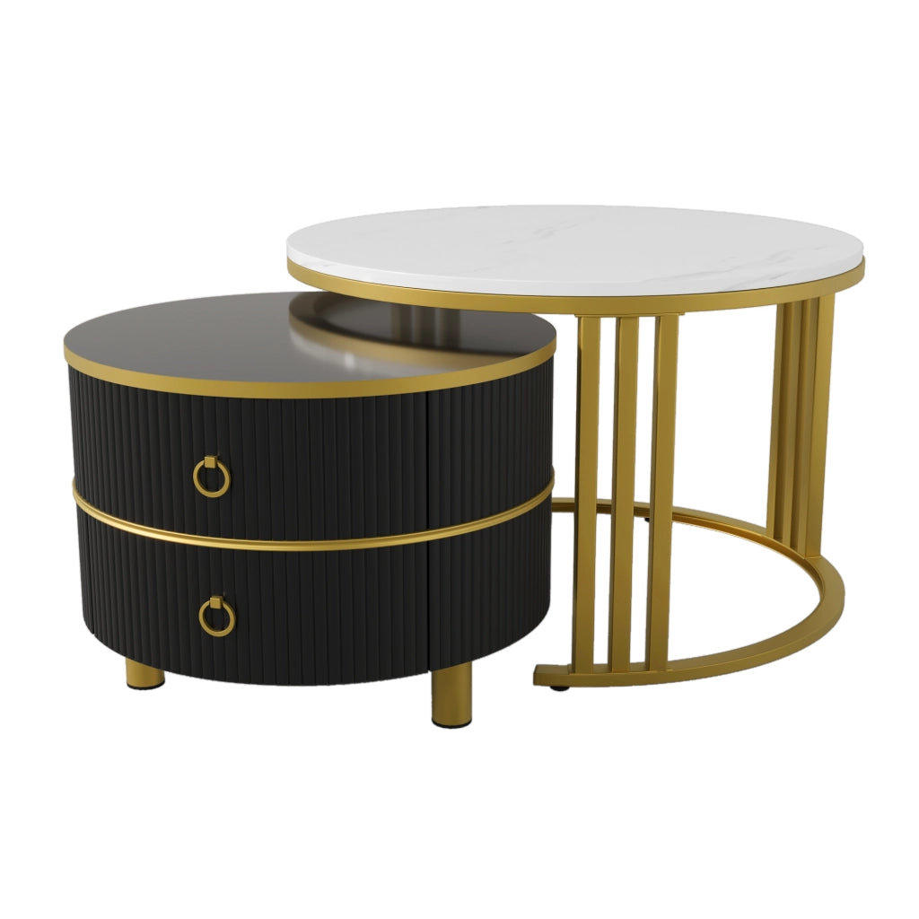 Tavolini da caffè nido rotondi con 2 Cassetti; Piano Lucido ed Effetto Marmo; Stile Moderno; in MDF; Nero; 70×70×46 cm