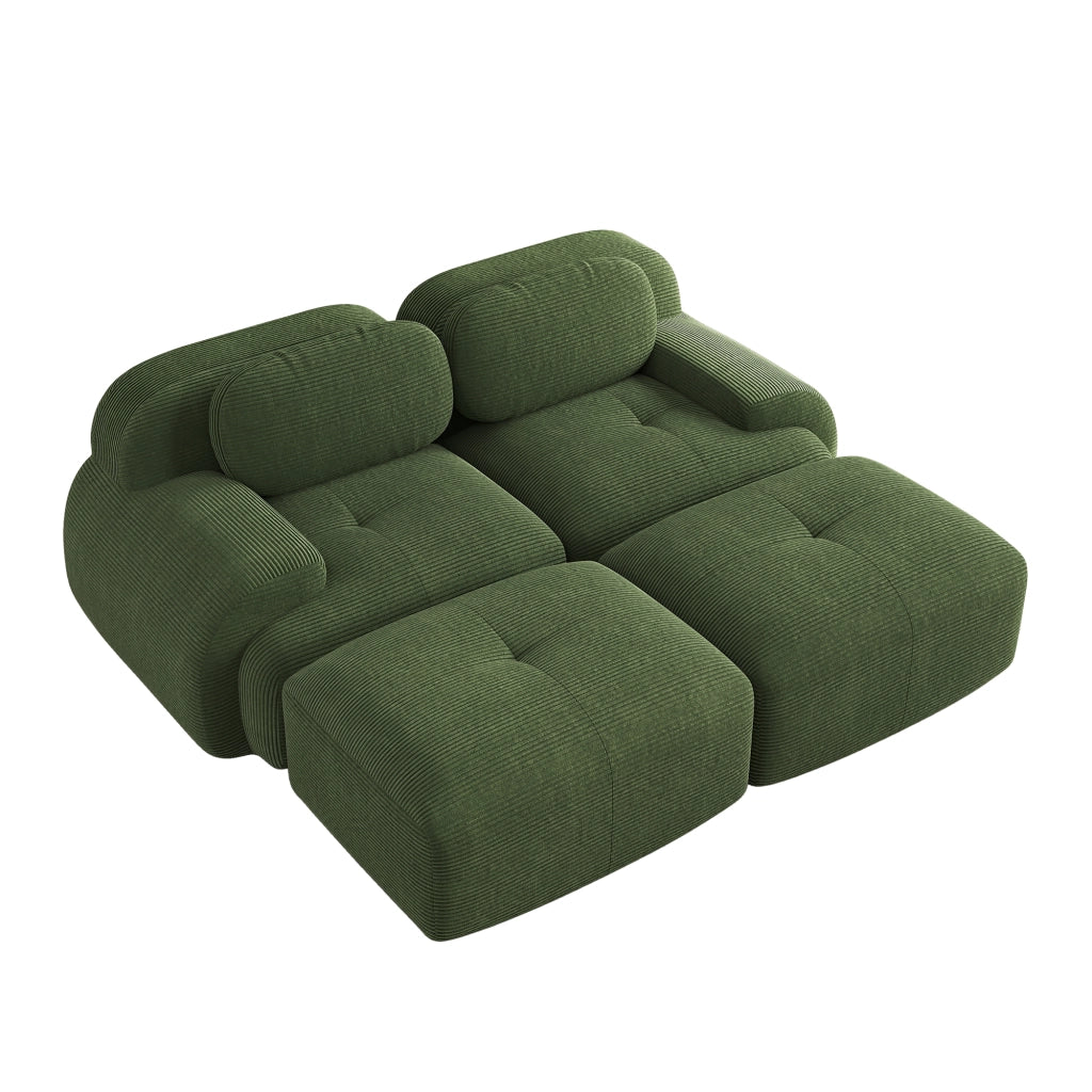 Divano angolare modulare senza struttura in tessuto a coste con braccioli ergonomici e base antiscivolo verde