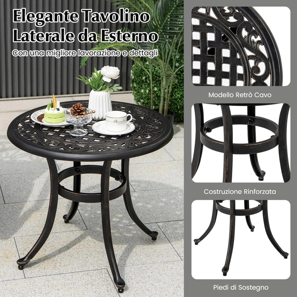 Tavolino da Giardino da 60 cm, Tavolino da Esterno in Alluminio Pressofuso con Piedini Regolabili, Tavolino in Metallo per Piscina, Terrazzo, Balcone, Porta 50 kg, 60 x 53 cm (Marrone Antico)