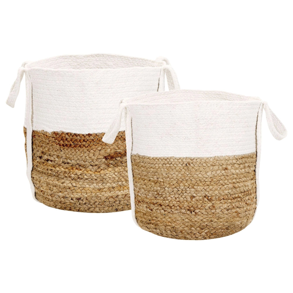 Cesto portaoggetti in juta e cotone beige e bianco Cesto portabiancheria intrecciato con manici