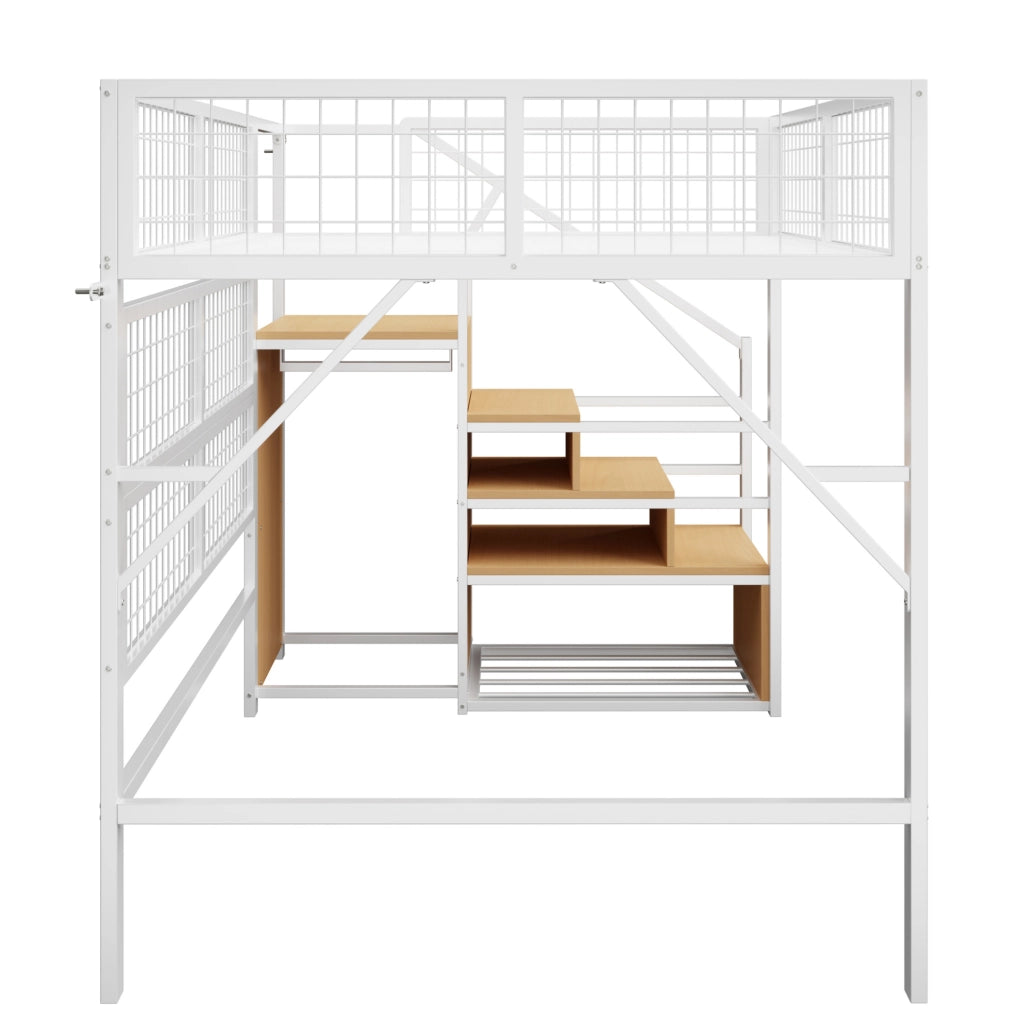 Letto a soppalco in metallo bianco con scala contenitore e LED