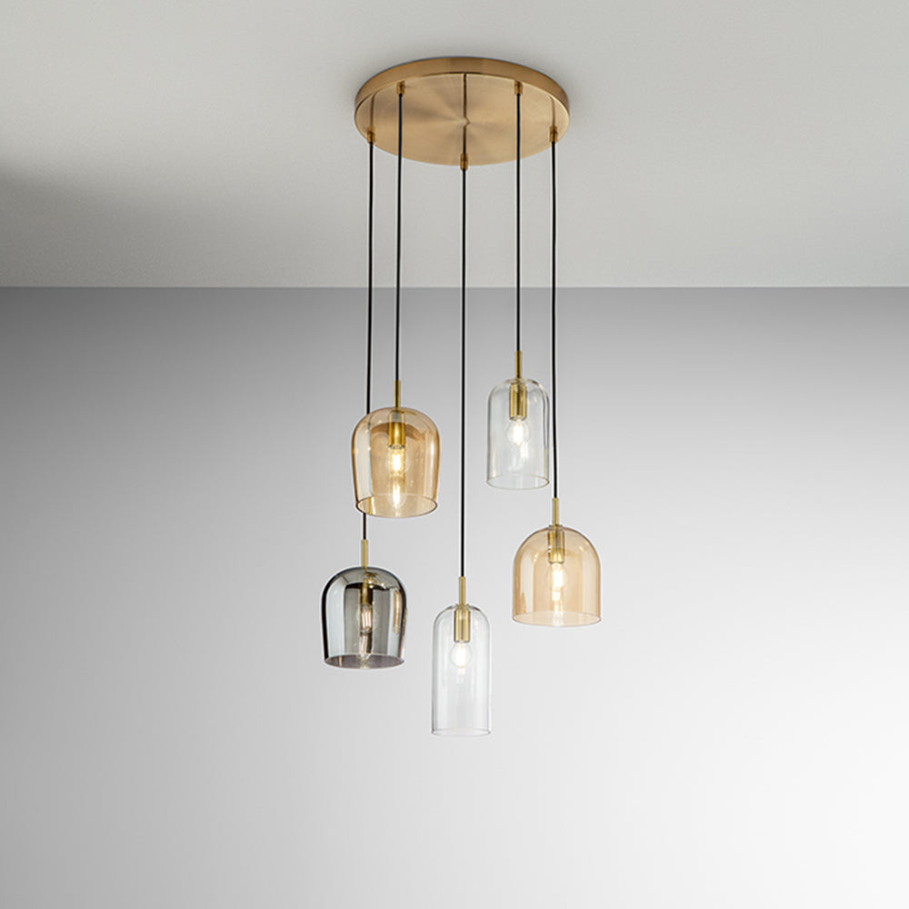 Lampadario Contemporaneo Coro Metallo Ottone Brunito Vetro Multicolor 5 Luci E14