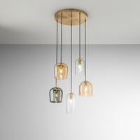 Lampadario Contemporaneo Coro Metallo Ottone Brunito Vetro Multicolor 5 Luci E14