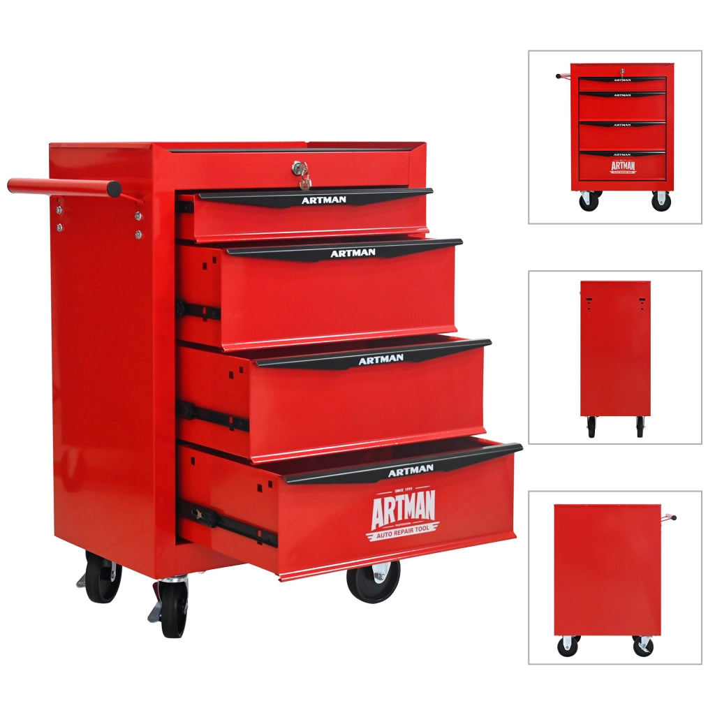 Carrello portautensili con 4 cassetti, 4 ruote e serratura, in acciaio, per garage e officina, rosso nero, 60 × 33 × 77.5 cm