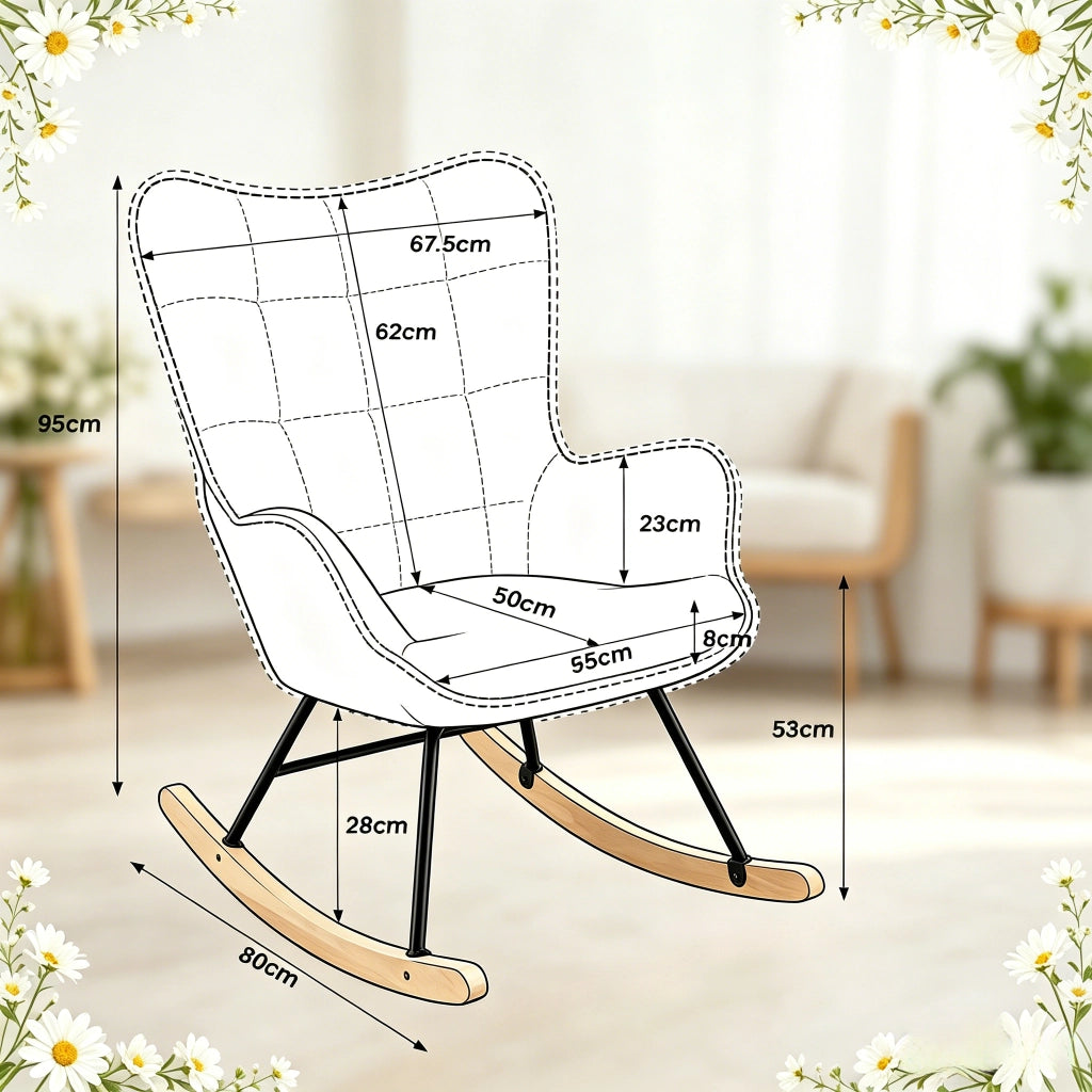 Sedia a dondolo ergonomica con schienale alto e braccioli curvi per lettura e relax in velluto e legno beige