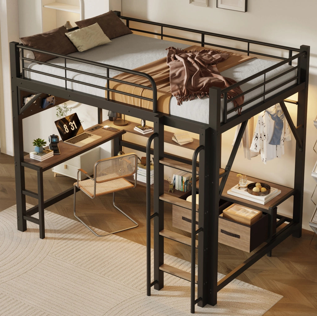 Letto a soppalco 140x200 cm con scrivania, LED e USB