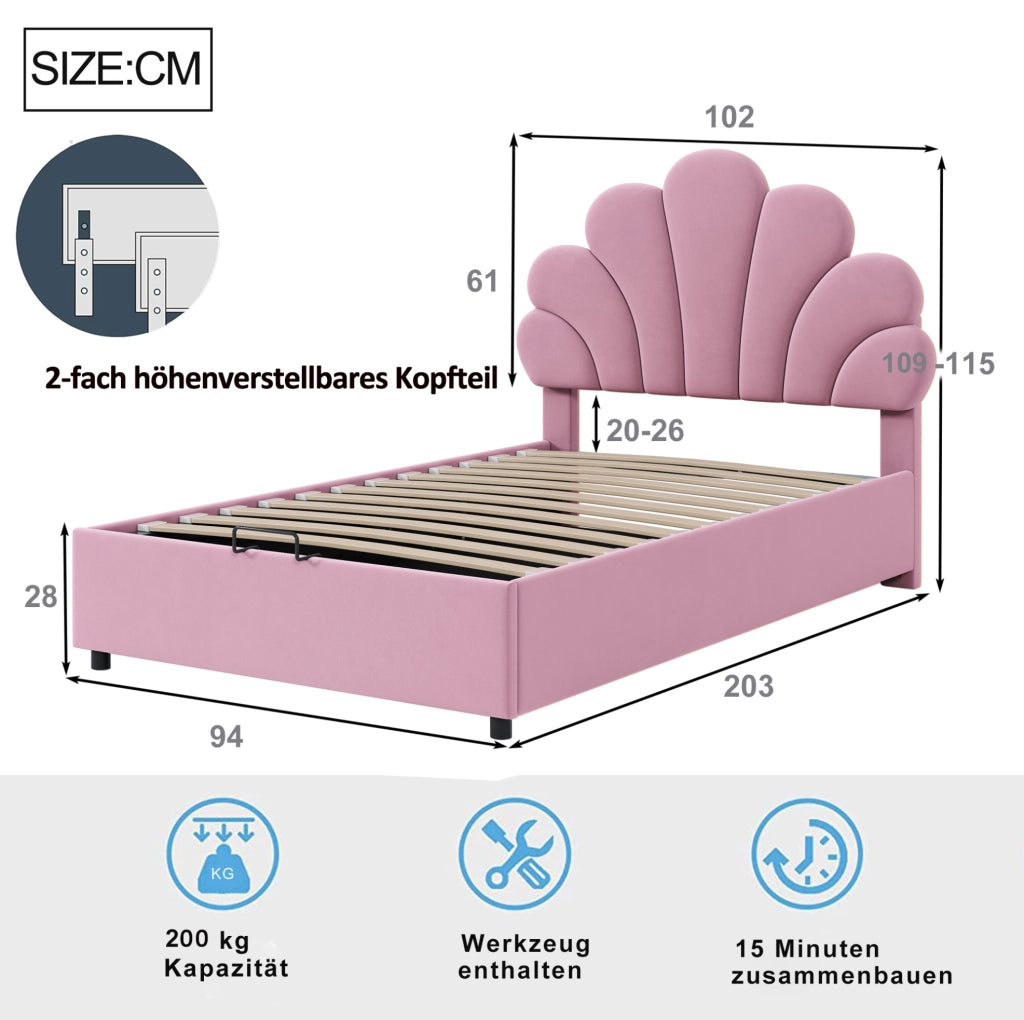 Letto imbottito 90x200 cm rosa con contenitore idraulico