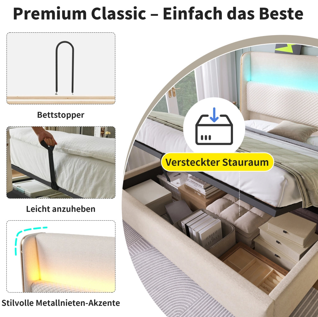 Letto matrimoniale 140x200 con LED, contenitore e materasso