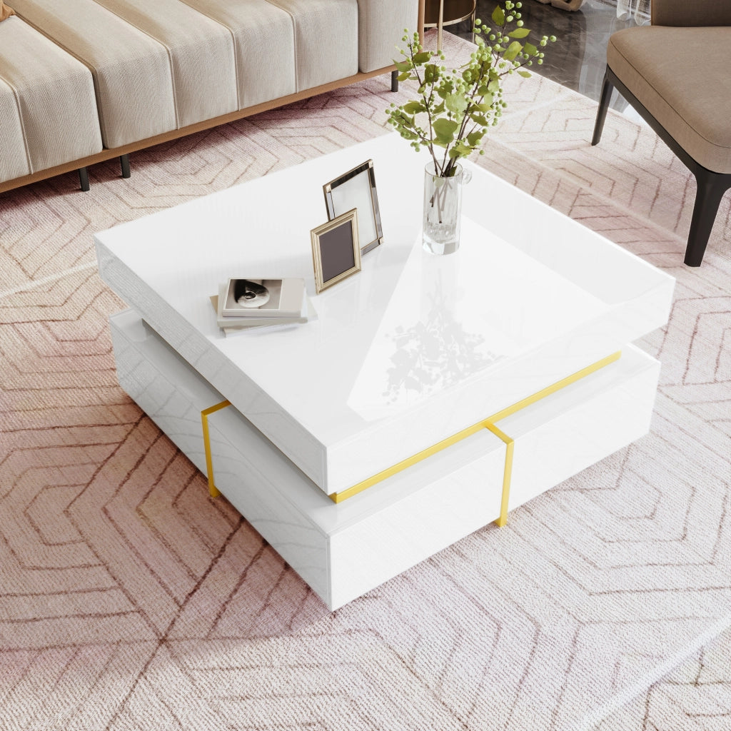 TAVOLINO DA SALOTTO 70x70x35,5 cm Bianco Lucido con 2 cassetti e dettagli oro