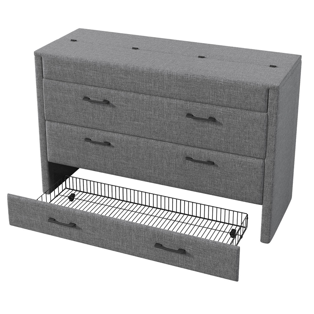 Letto contenitore 140x200 cm - Xylo - con cassetto, porte USB e Type-C, tessuto lino grigio, senza materasso