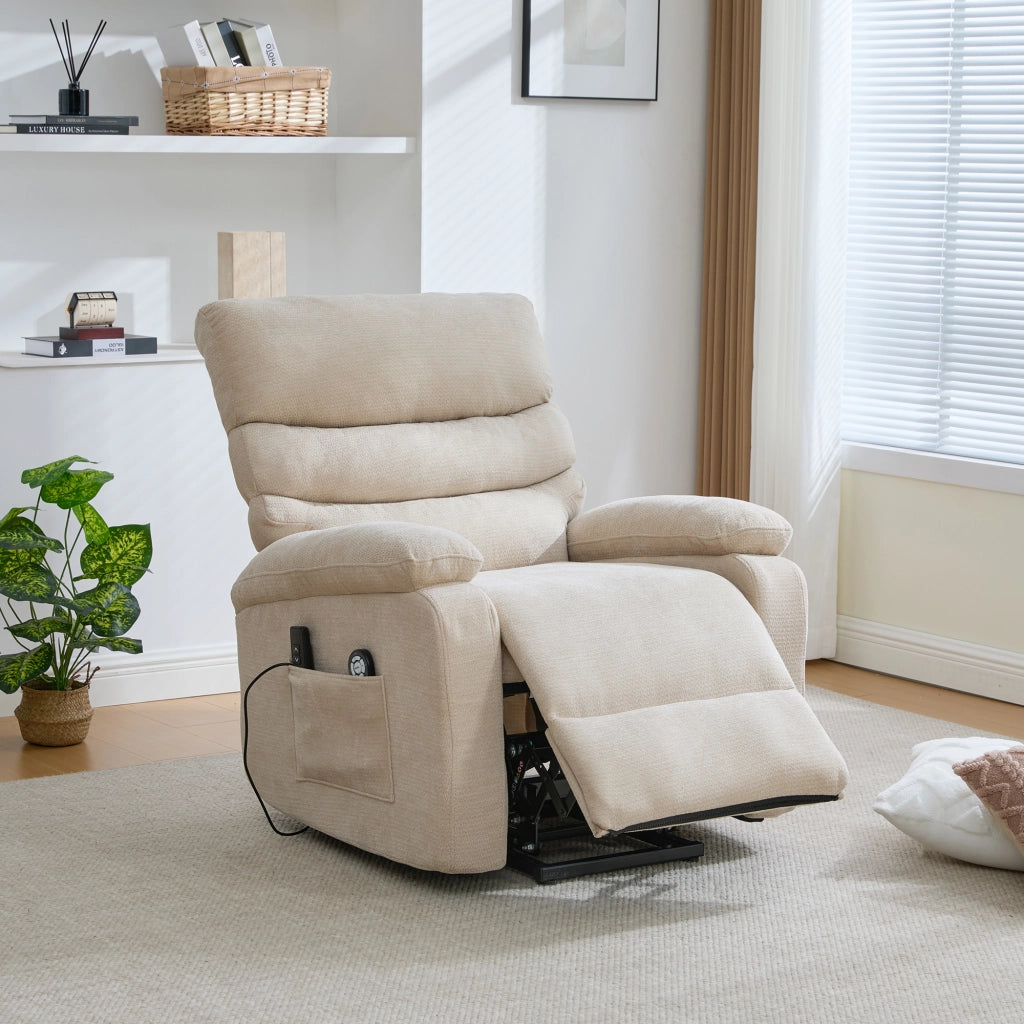 Poltrona Relax Elettrica Massaggiante con Alzapersona ¨C MINIMAL ¨C Reclinabile, Poggiapiedi, Tessuto Kaki Chiaro