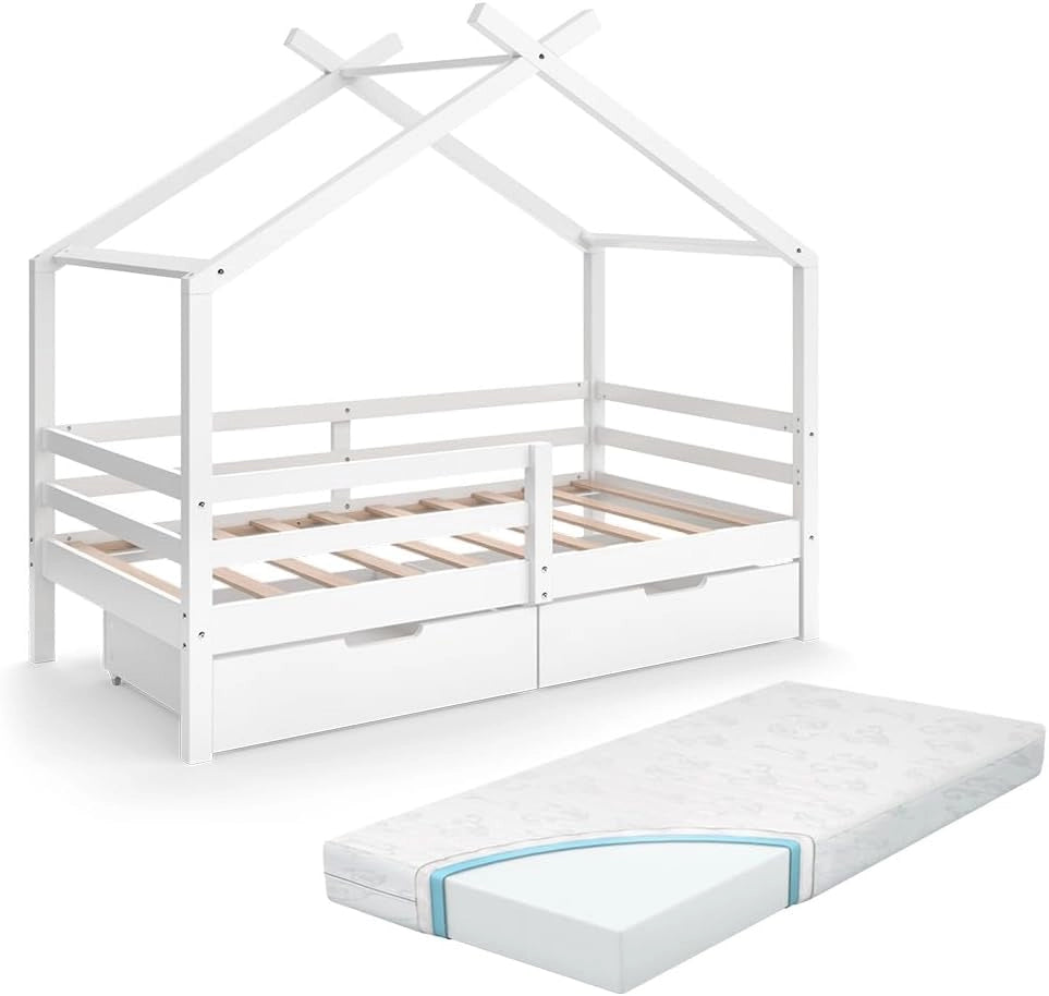 Letto montessori bambini Luni, Bianco, 160 x 80 cm Con letto ospite estraibile e materassi, come una piccola casa per un'atmosfera calda