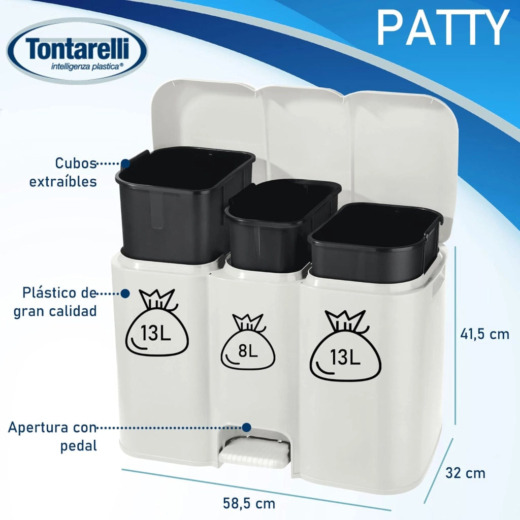 PATTUMIERA DIFFERENZIATA PATTY 3 LT.13+8+13  cm.58,5x32x41,5h. lt.13+8+13 panna    TONTARELLI