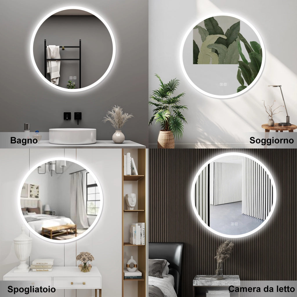 AICA Specchio da bagno 80 x 80 cm, blue tooth, 3 colori, antiappannamento, dimmerabile, interruttore touch, Funzione Memoria