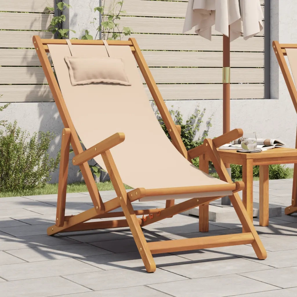 Sedia da Giardino | Sedia da Spiaggia Pieghevole Beige Legno di Eucalipto e Tessuto