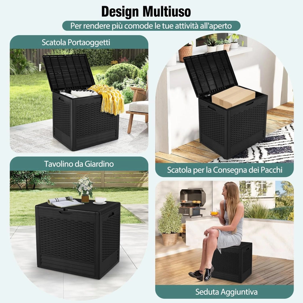 Baule da Esterno 96 L, Cassapanca Contenitore Impermeabile con Effetto Rattan, Coperchio Bloccabile e Maniglie, per Giardino, Patio e Piscina, 58 x 43,5 x 53 cm (Nero)