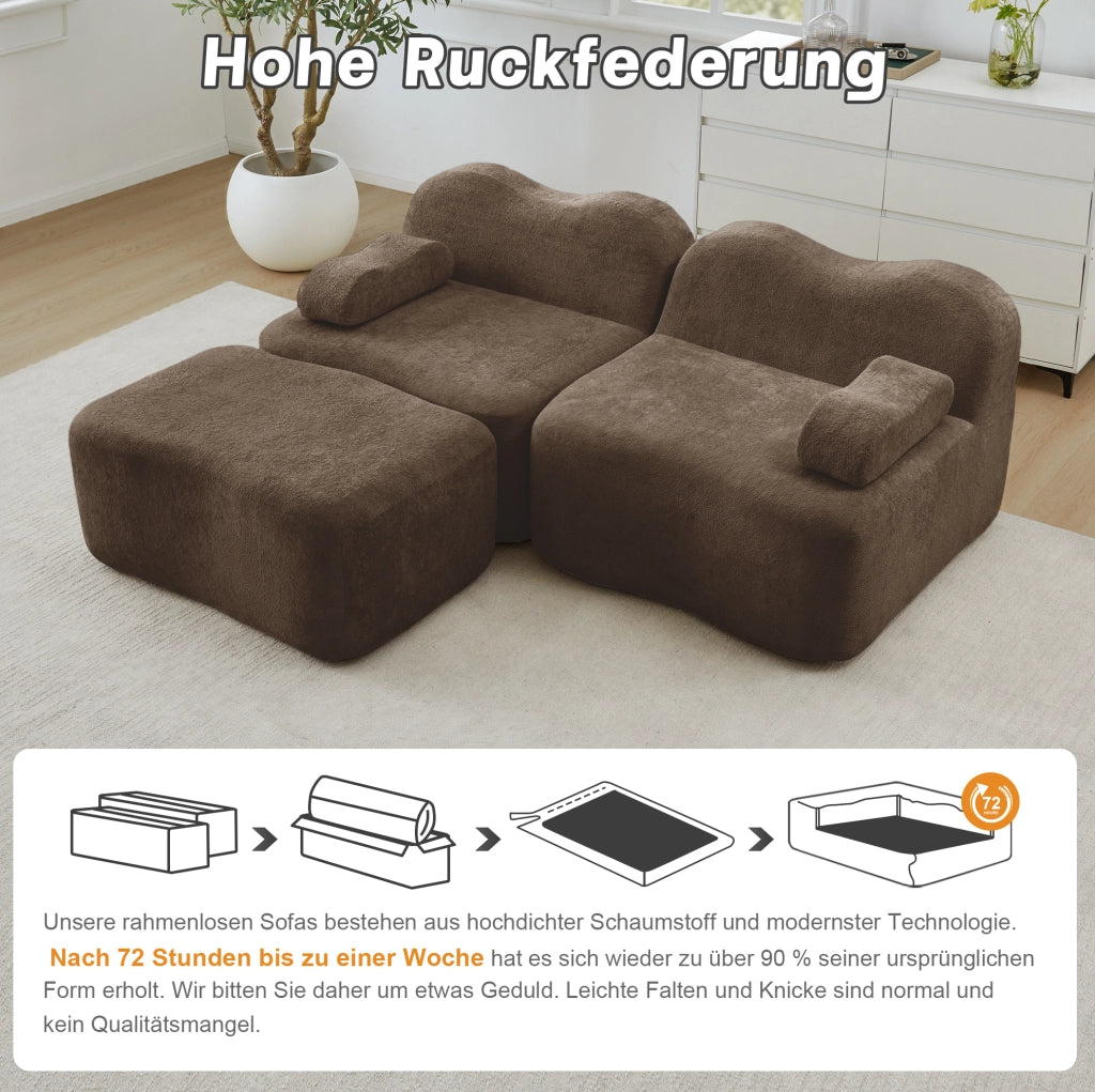 Divano angolare modulare a onde in velluto marrone con pouf collegabile