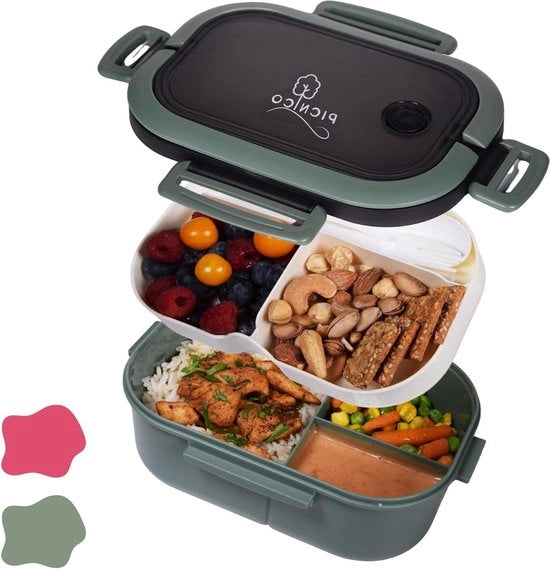 Lunchbox con cassetti e parete di separazione - Bentobox per bambini e adulti - Incluso cucchiaio e forchetta - Snackbox verde