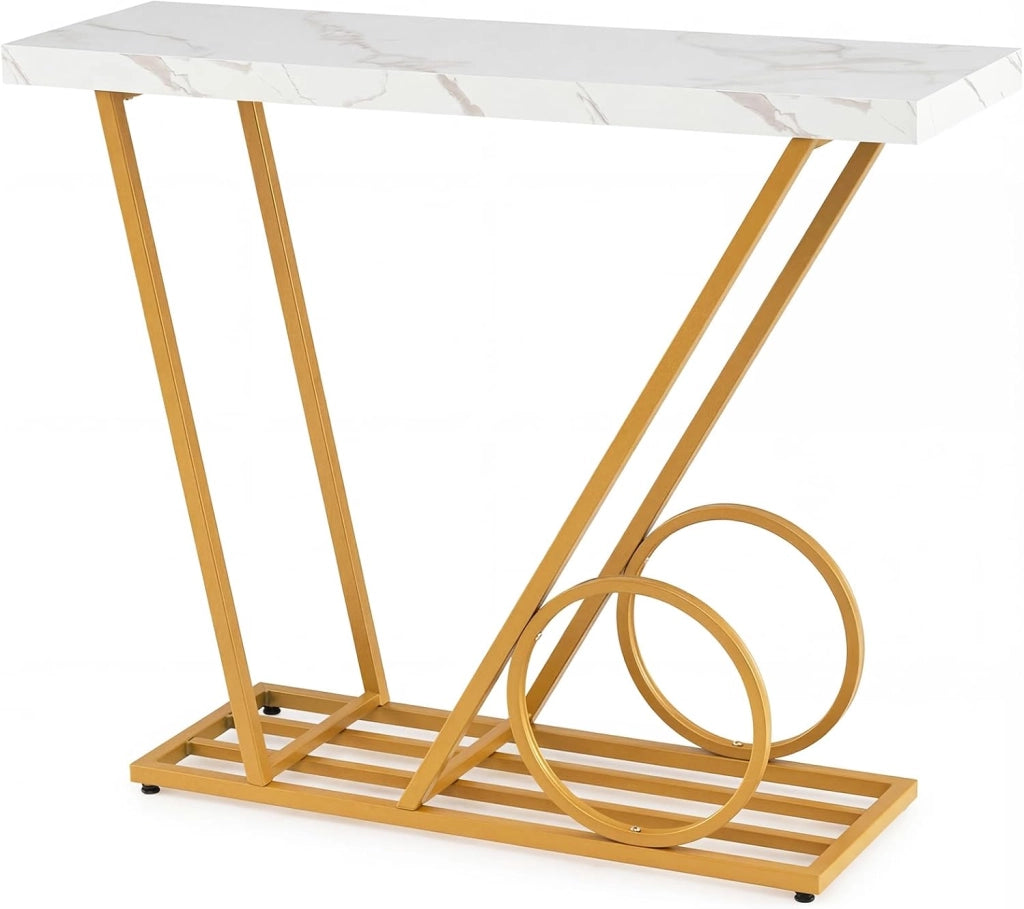 Tavolino da Ingresso 100 x 29,5 x 81 cm, Mobile Ausiliario con Struttura Geometrica in Metallo e Piano in Marmo Finito, per Soggiorno, Ingresso e Corridoio