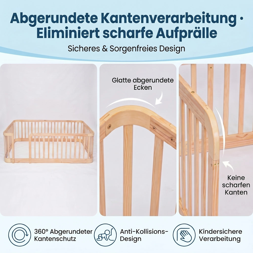 Recinto modulare per bambini 90 × 200 cm, barriere di sicurezza da 7 cm, angoli arrotondati, senza materasso, in legno, naturale