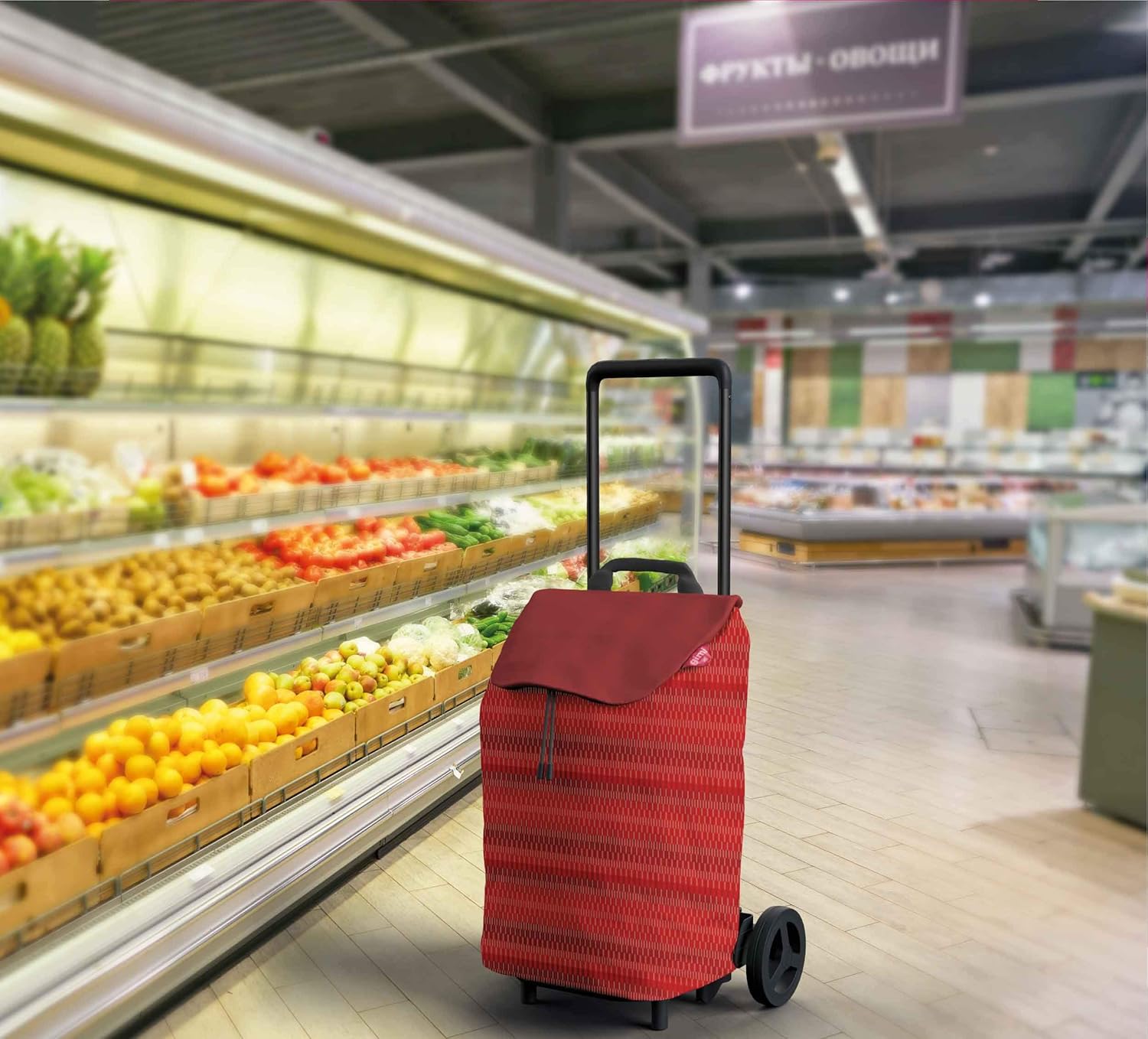 Carrello spesa easy capacità 40 litri colore rosso struttura acciaio pieghevole con sacca antipioggia ruote 15 cm portata 30 kg Gimi