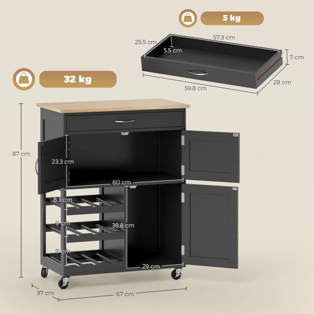 Carrello da Cucina in Legno con Portabottiglie, 3 Ante e Cassetto, 67x37x87 cm, Nero e Rovere