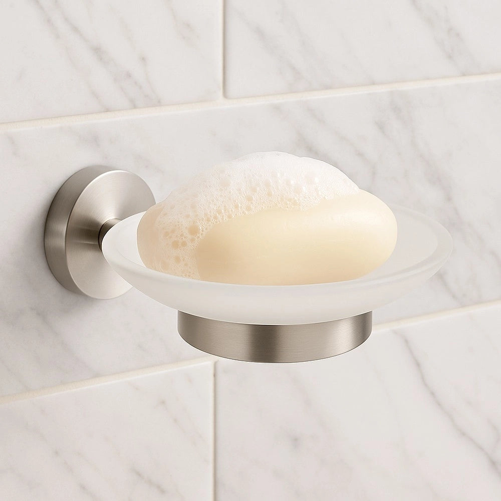 Trade Shop - Porta Sapone In Acciaio Satinato Con Piattino Vetro Satinato Accessori Da Bagno 87905 -