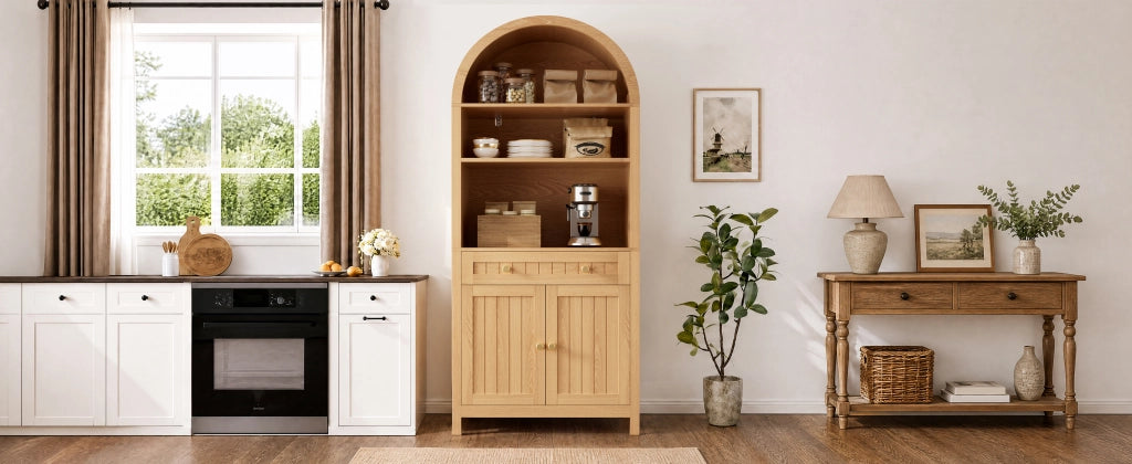 Credenza alta con 2 ante, cassetto e ripiani aperti, portaspezie interni, per cucina e soggiorno, in MDF, naturale