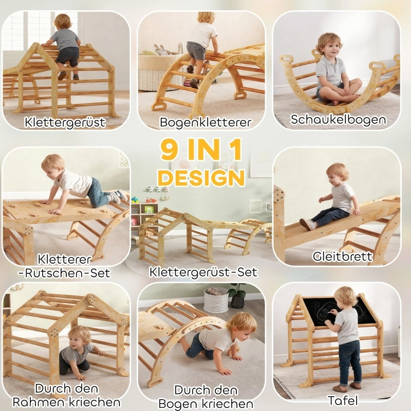 Struttura da arrampicata indoor 9 in 1 con rampa, scivolo, scala e lavagna, per bambini piccoli, in legno.