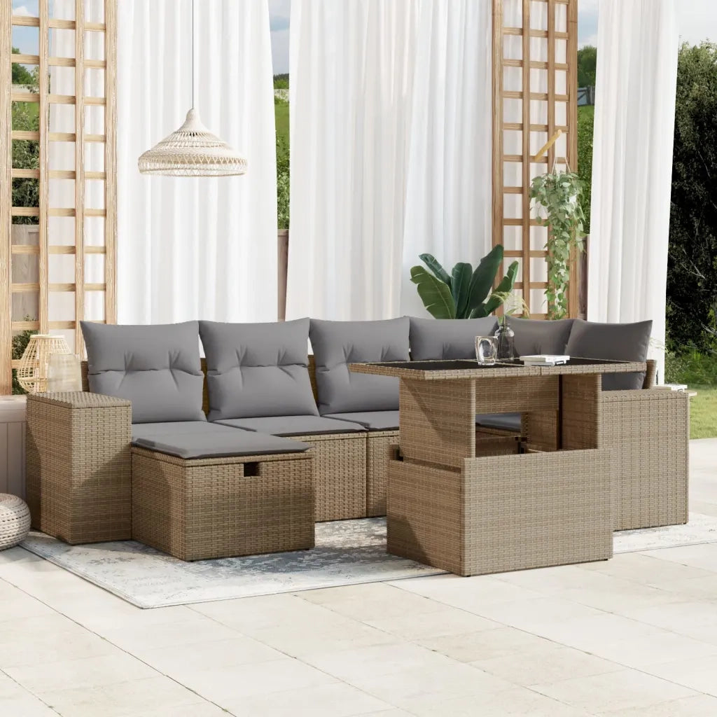 Set Divani da Giardino 7 pz con Cuscini Beige in Polyrattan