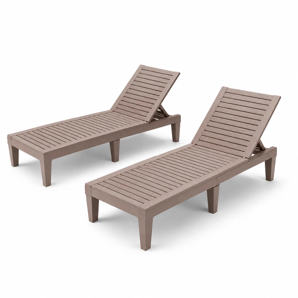 Set 2 Lettini Prendisole Con Schienale Reclinabile 5 Posizioni In Polipropilene Effetto Legno Per Piscina Giardino Spa 190 x 57.5 x 29 Cm Marrone
