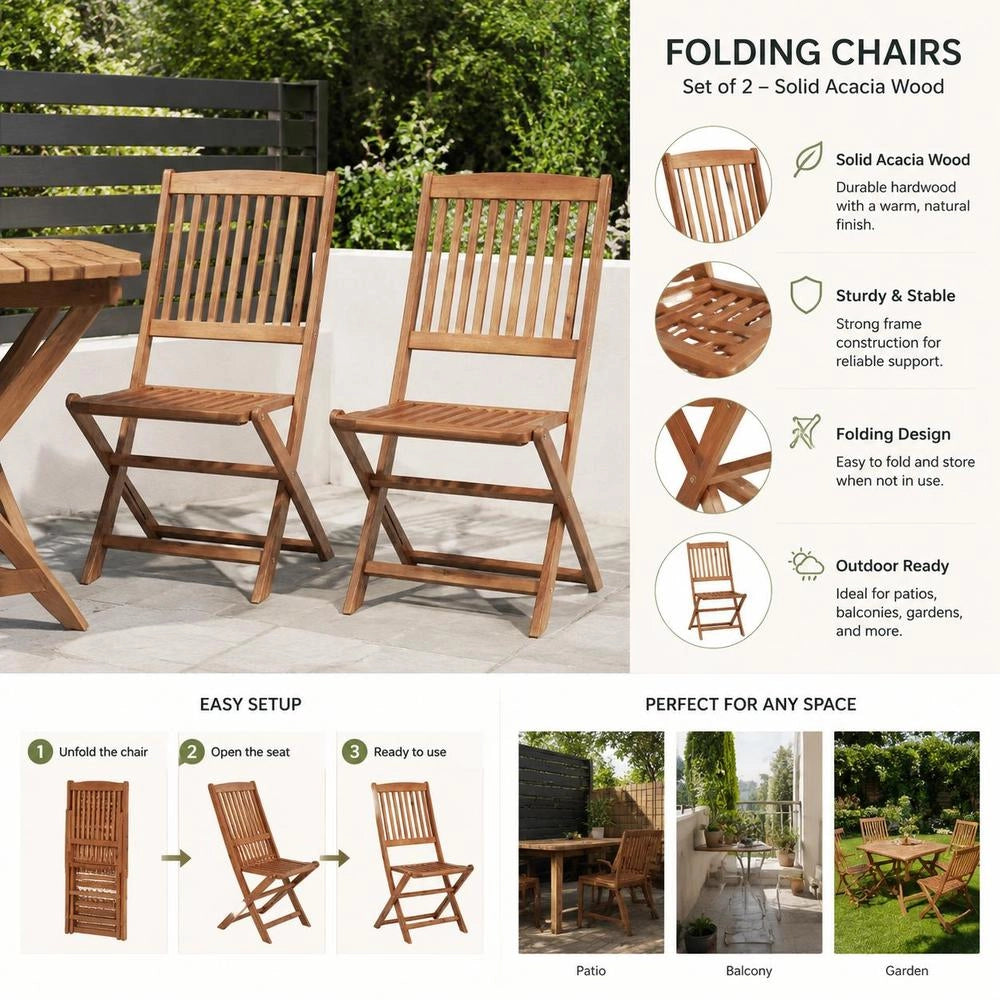 Folding Garden Chairs, 2 Pieces, Solid Acacia Wood