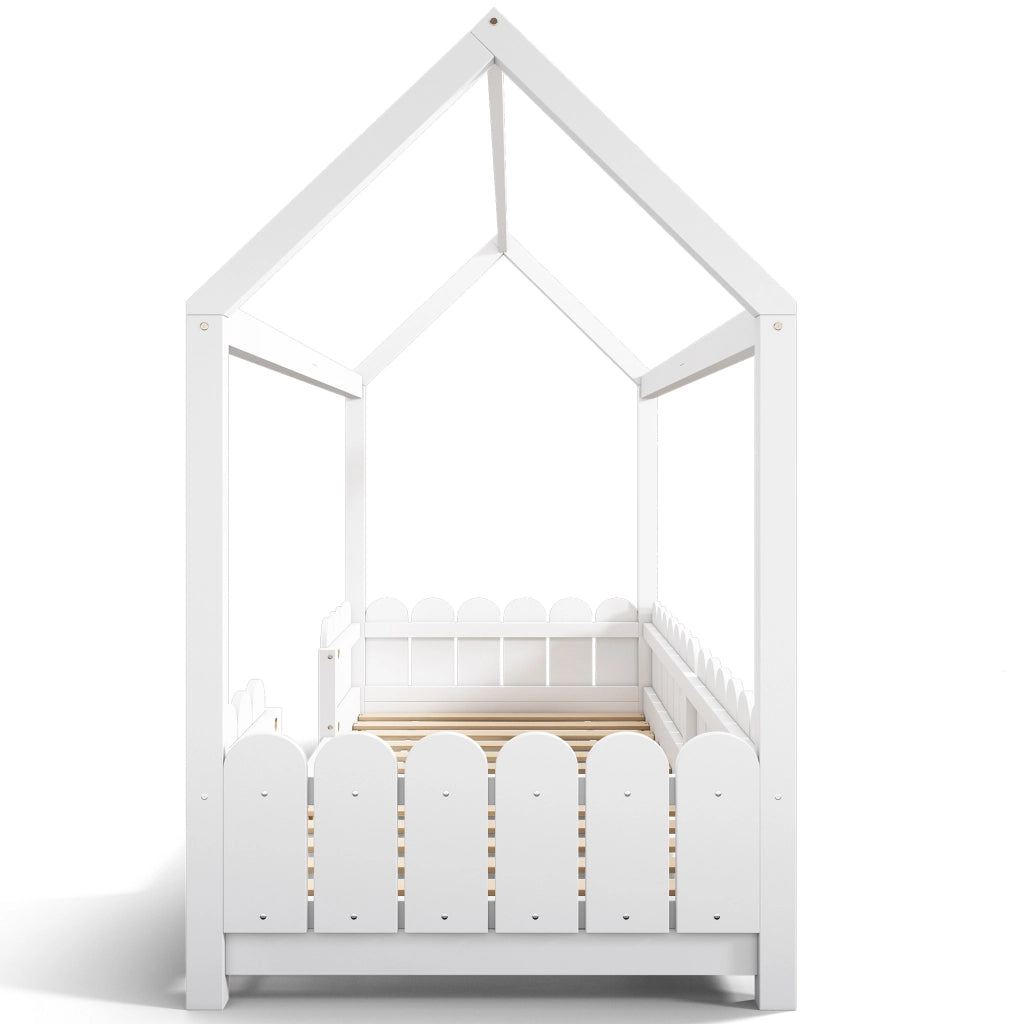 Letto a casa 90x200 cm bianco in legno massello con protezione anticasco e rete a doghe
