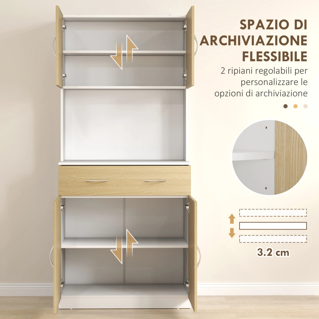 Credenza Cucina con Armadietti a 2 Ante e Cassetto, 80x40x180cm, Colore Legno
