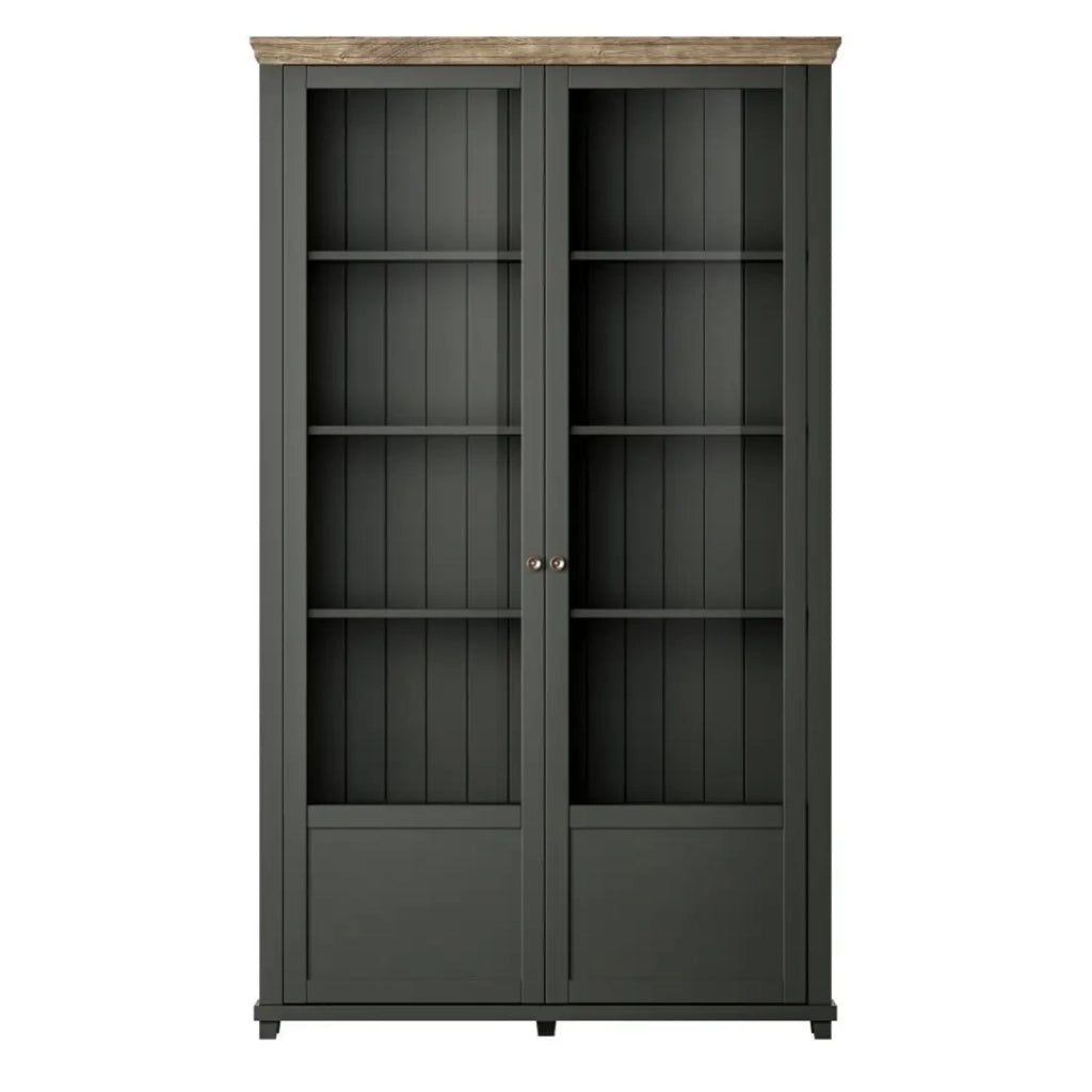 Vetrina ASSIA 2 porte vetrate verde scuro e legno - 125 cm - 10 nicchie - Eleganza senza tempo