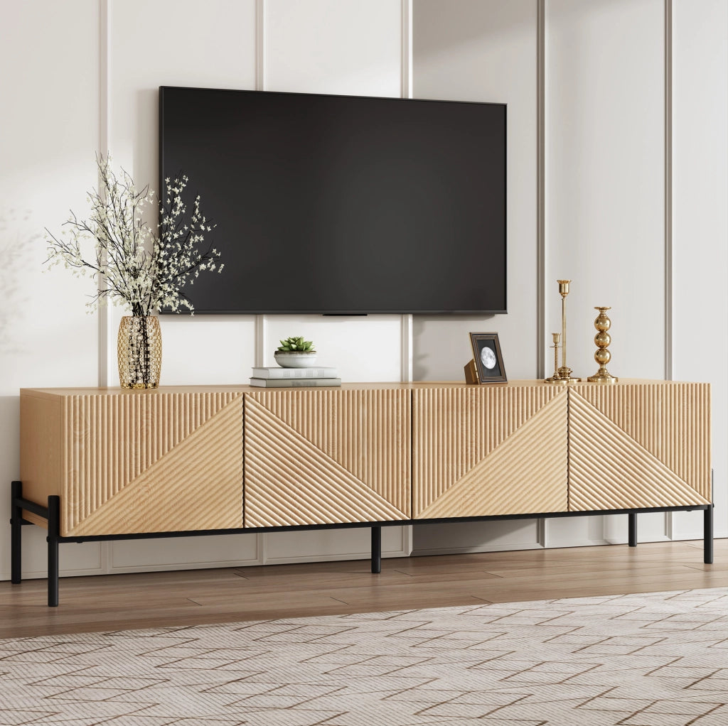 Mobile TV moderno in MDF naturale con 4 ante e gambe in metallo