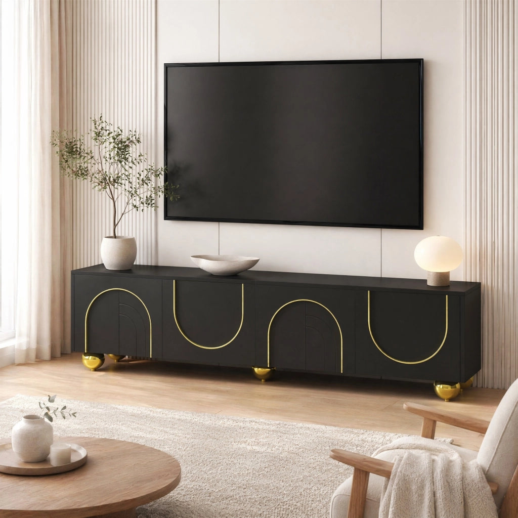 Mobile porta TV con 4 ante push-to-open ripiani interni e cerniere ammortizzate nero e oro 170 × 38 × 44 cm