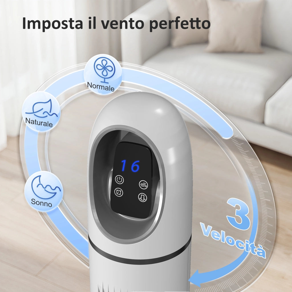 Ventilatore a Torre 31x31x111 cm Oscillante a 70° 4 Modalità 3 VelocitàTimer 24 Ore in PP e ABS Bianco