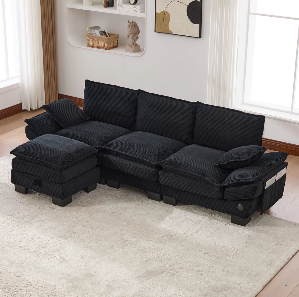 Divano modulare a 3 posti con pouf contenitore; in corduroy nero; 260 cm; con USB-C