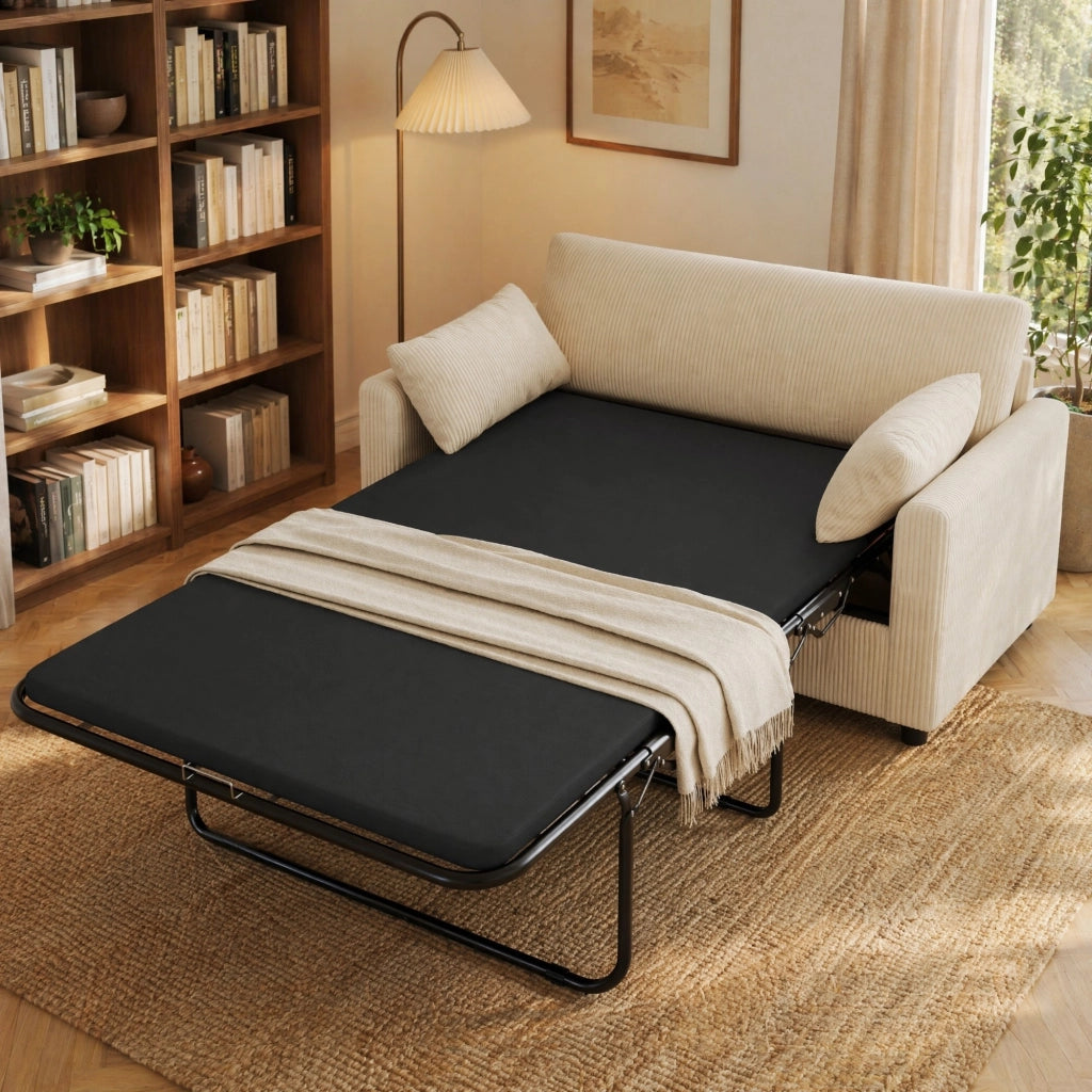 Divano letto 2 posti estraibile con USB; tavolino pieghevole e cuscini; beige