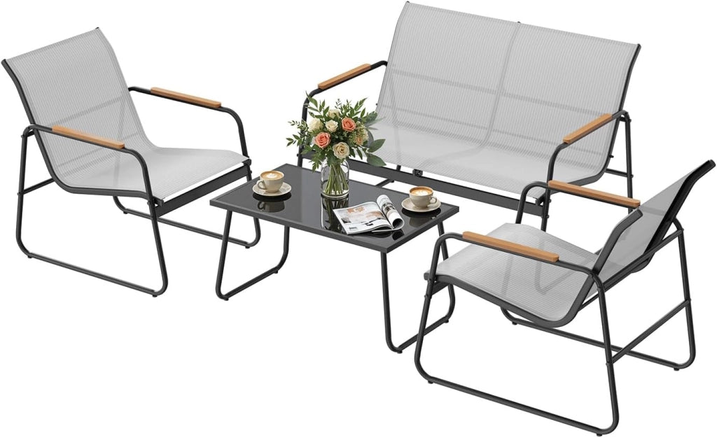 Set di Mobili da Esterno 4 Pezzi, Tavolo, Divano e 2 Sedie, Salotto da Giardino Resistente alle Intemperie, Struttura in Metallo, Tessuto Traspirante, per Balcone, Patio, Terrazza, Grigio