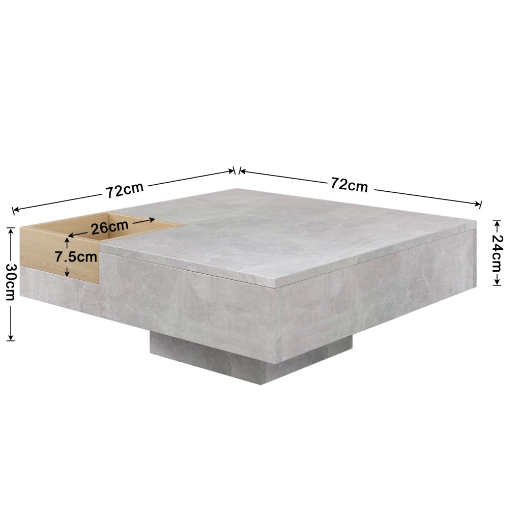 Tavolino da Caff¨¨ con Box Contenitore Estraibile; Design Grigio Cemento e Effetto Legno; in Truciolare; 72¡Á72¡Á30 cm