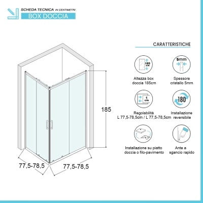 Box doccia 80x80 angolare doppio scorrevole con vetro temperato trasparente e profili cromo Geo