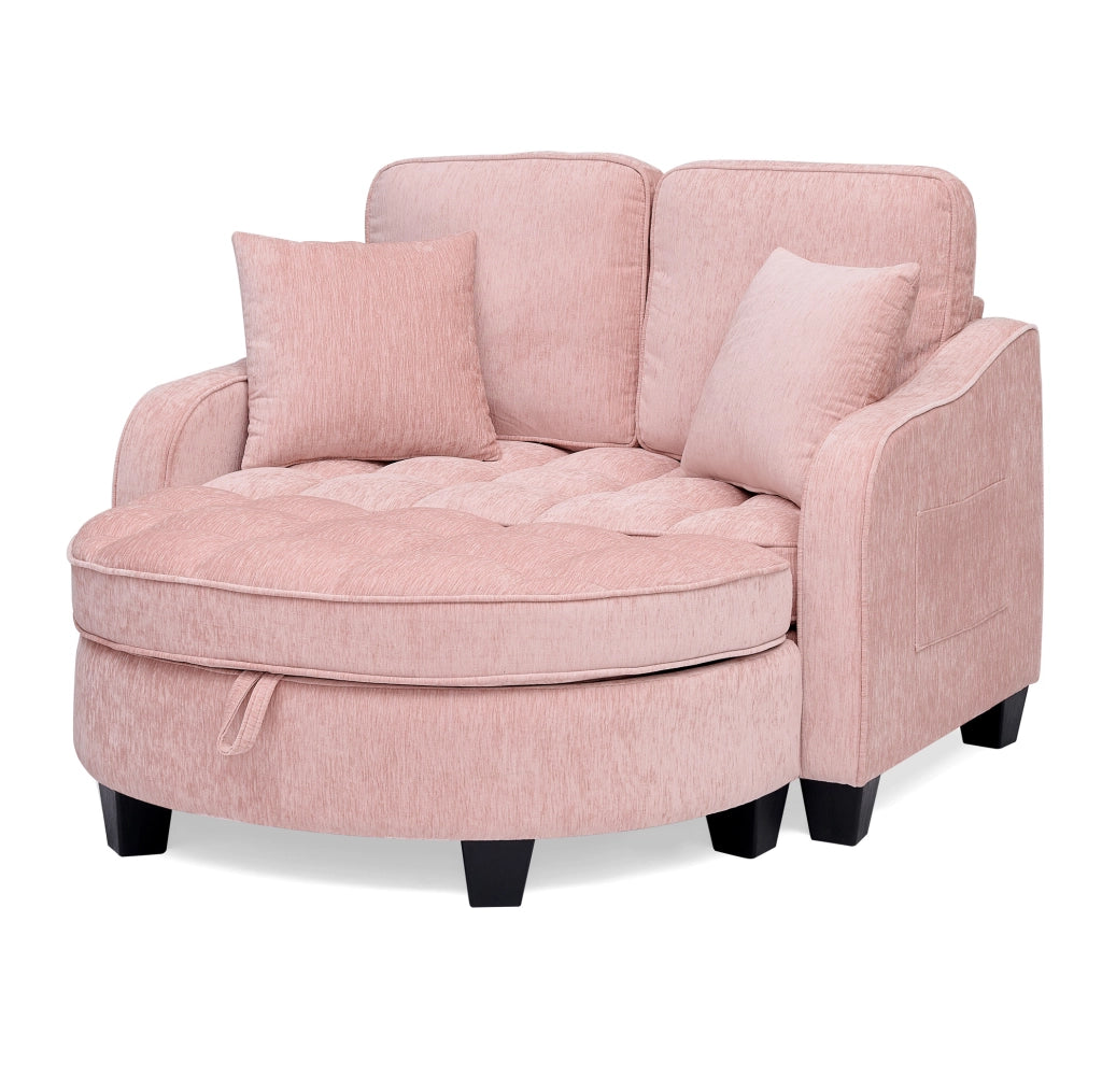 Divano letto 2 in 1 trasformabile con pouf contenitore 132x129x93 cm in tessuto rosa