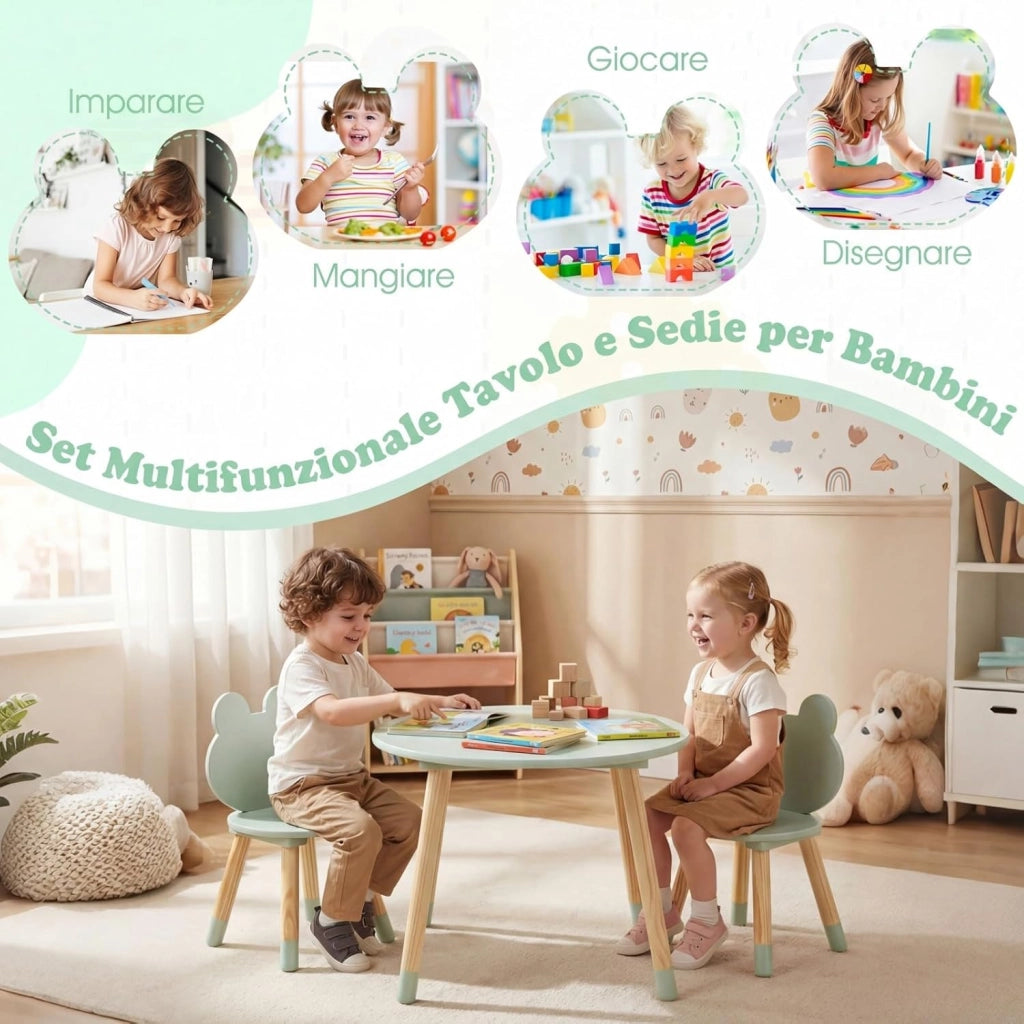 Set Tavolo e Sedie per Bambini, Tavolino e 2 Sedie a Forma di Rana con Gambe in Legno e Angoli Arrotondati, Set Mobili Salvaspazio per Bambini 3+ Anni per Cameretta Ragazzi (Verde)