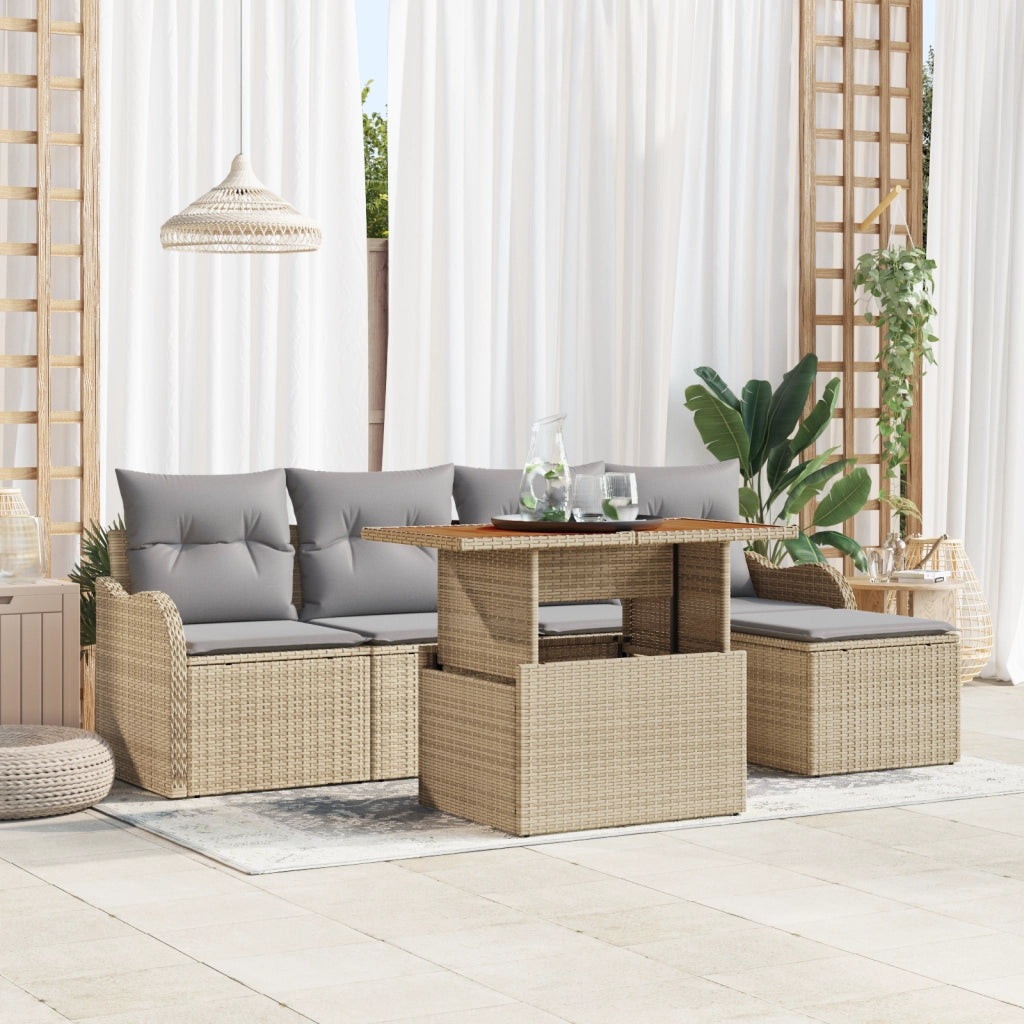 Set Divano Giardino 6 Pezzi con Cuscini Beige Polietilene Acacia