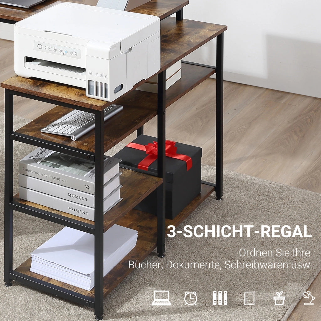Scrivania angolare con 3 ripiani, per ufficio e home office, in truciolato e acciaio, nero, 135 × 90 × 79 cm