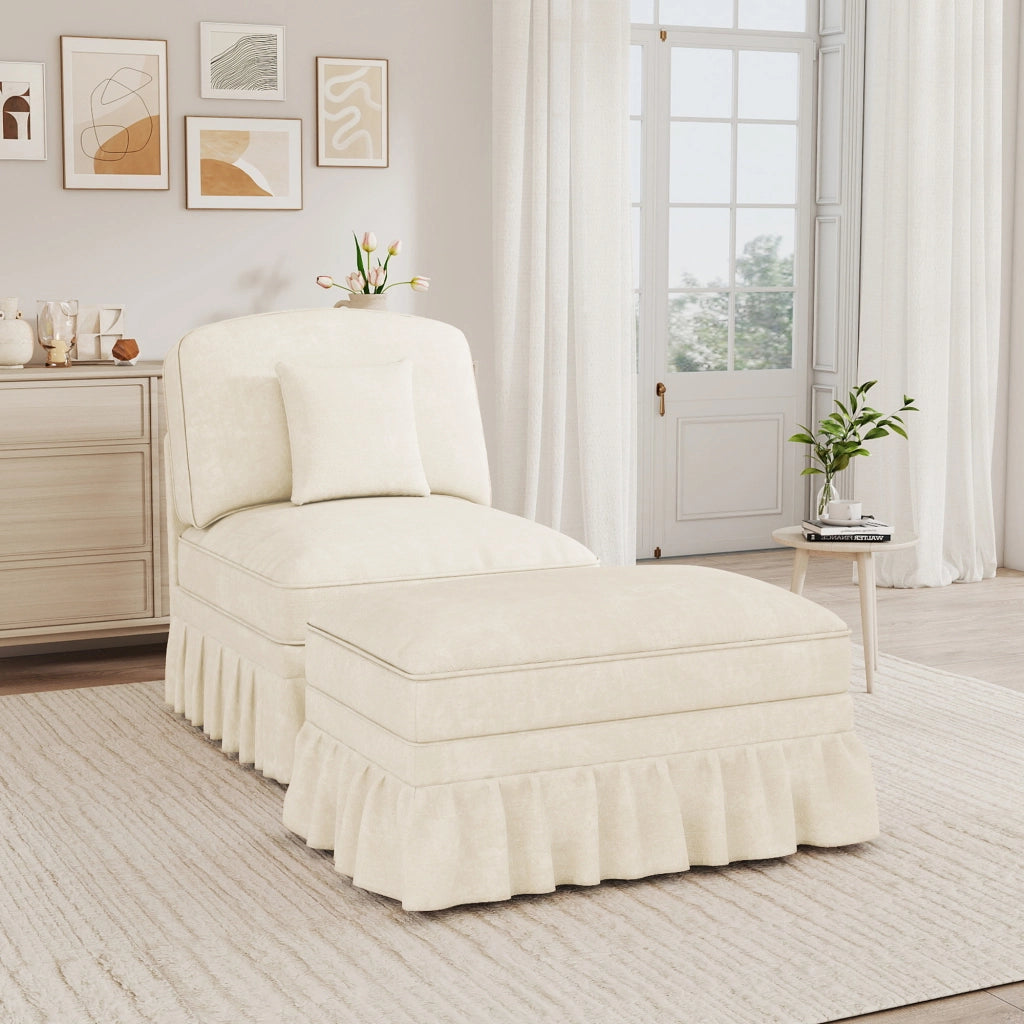 Divano modulare con poggiapiedi e gonna removibile in chenille bianco